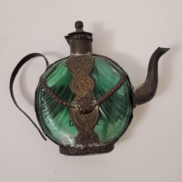 Vintage Emerald Green Glass Decanter Bottle with Ornate Aluminum Holder Teapot - Picture 2 of 9